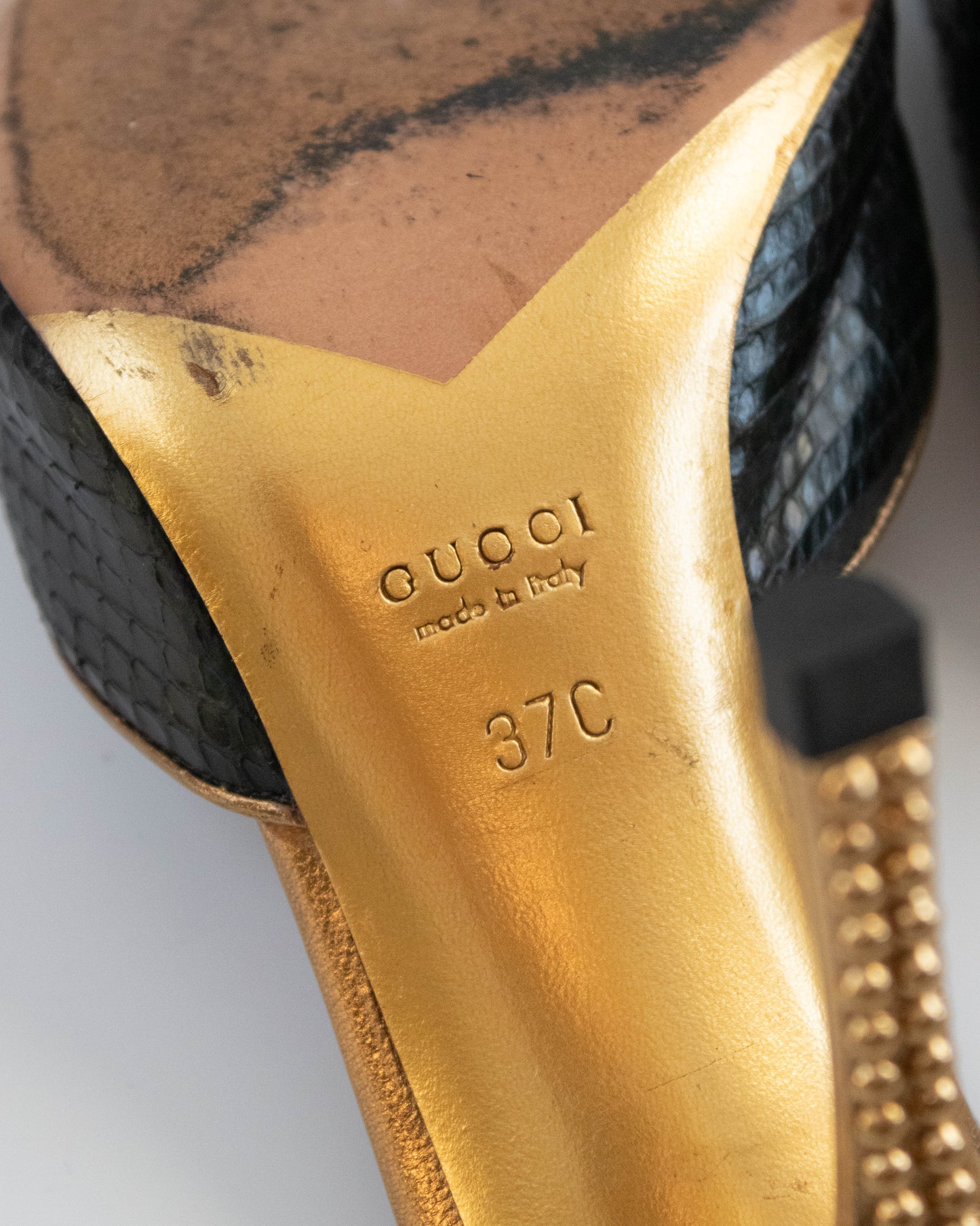 Vintage Gucci S/S 2005 Black Gold Python Mule Heels / 37 (US 7)