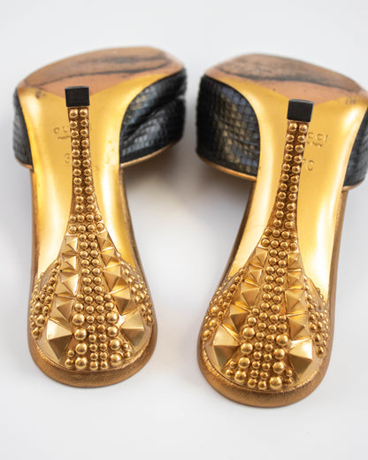 Vintage Gucci S/S 2005 Black Gold Python Mule Heels / 37 (US 7)