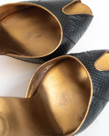Vintage Gucci S/S 2005 Black Gold Python Mule Heels / 37 (US 7)