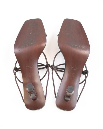 Vintage S/S 2002 Gucci by Tom Ford Brown Bamboo Thong Mule Heels / 37 (US 7)