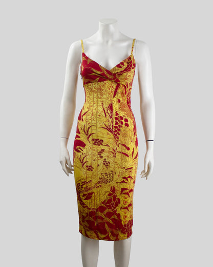 Just Cavalli Red/Yellow Oriental Print Bodycon Midi Dress / IT 44 (S-M)