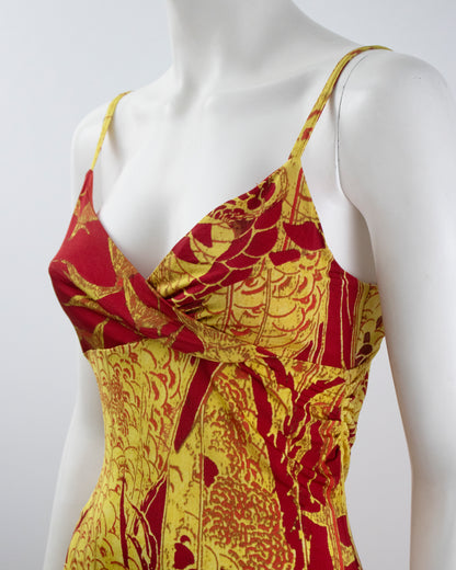 Just Cavalli Red/Yellow Oriental Print Bodycon Midi Dress / IT 44 (S-M)