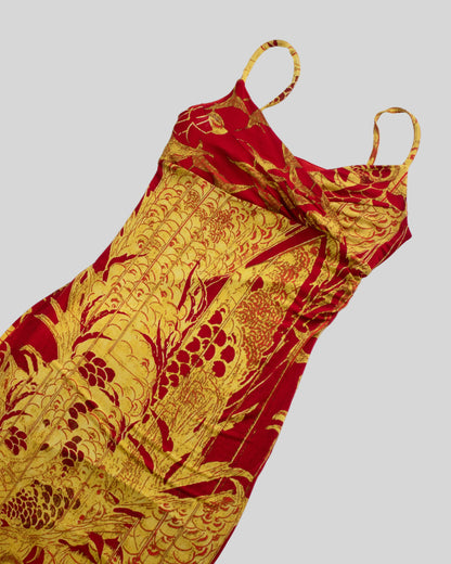 Just Cavalli Red/Yellow Oriental Print Bodycon Midi Dress / IT 44 (S-M)