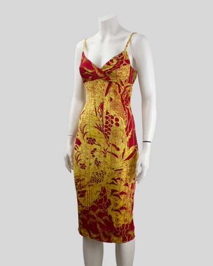 Just Cavalli Red/Yellow Oriental Print Bodycon Midi Dress / IT 44 (S-M)