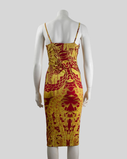Just Cavalli Red/Yellow Oriental Print Bodycon Midi Dress / IT 44 (S-M)