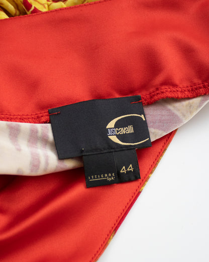 Just Cavalli Red/Yellow Oriental Print Bodycon Midi Dress / IT 44 (S-M)