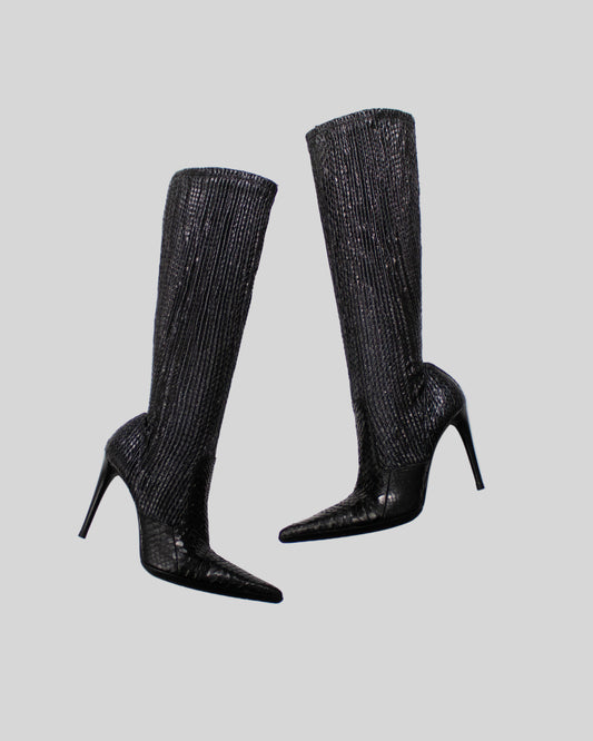 Vintage Le Silla Black Python Leather Stretch Boots / 38 (US 8)