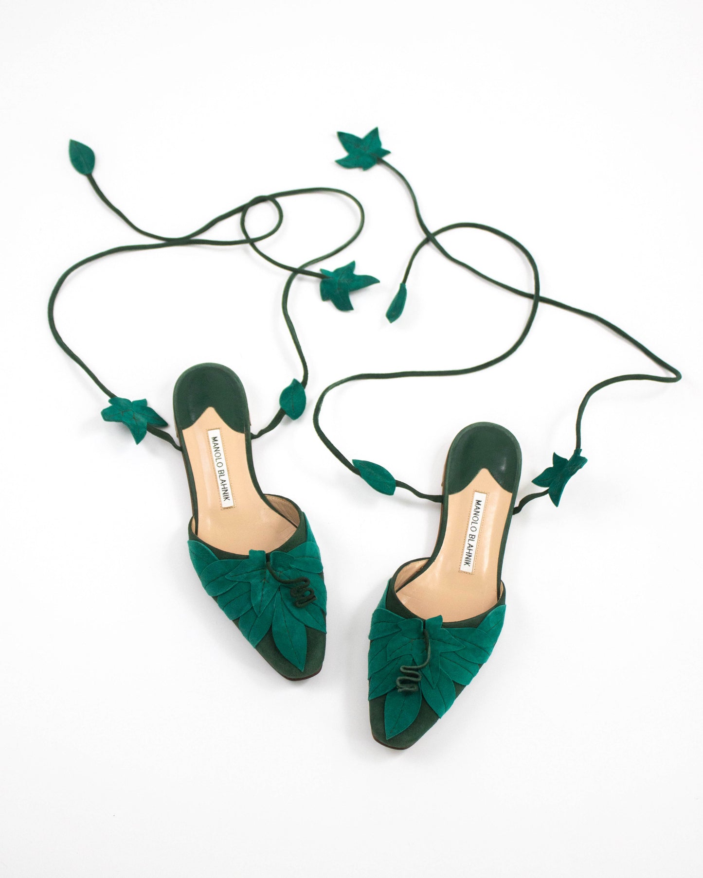 Manolo Blahnik Green Leaf Applique Lace Up Flats / 37 (US 7)