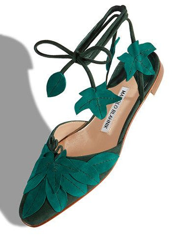 Manolo Blahnik Green Leaf Applique Lace Up Flats / 37 (US 7)