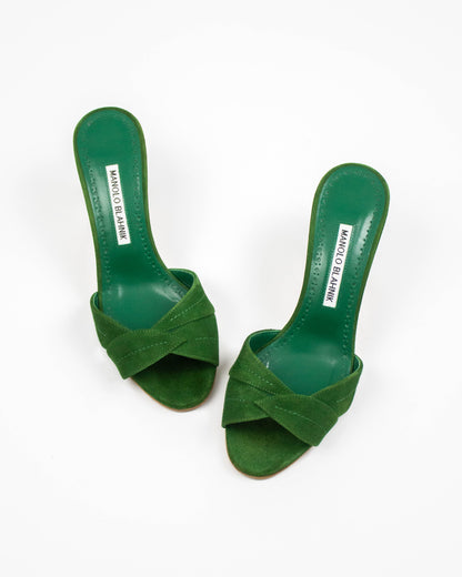 Green high-heeled Manolo Blahnik Siemu heels front view