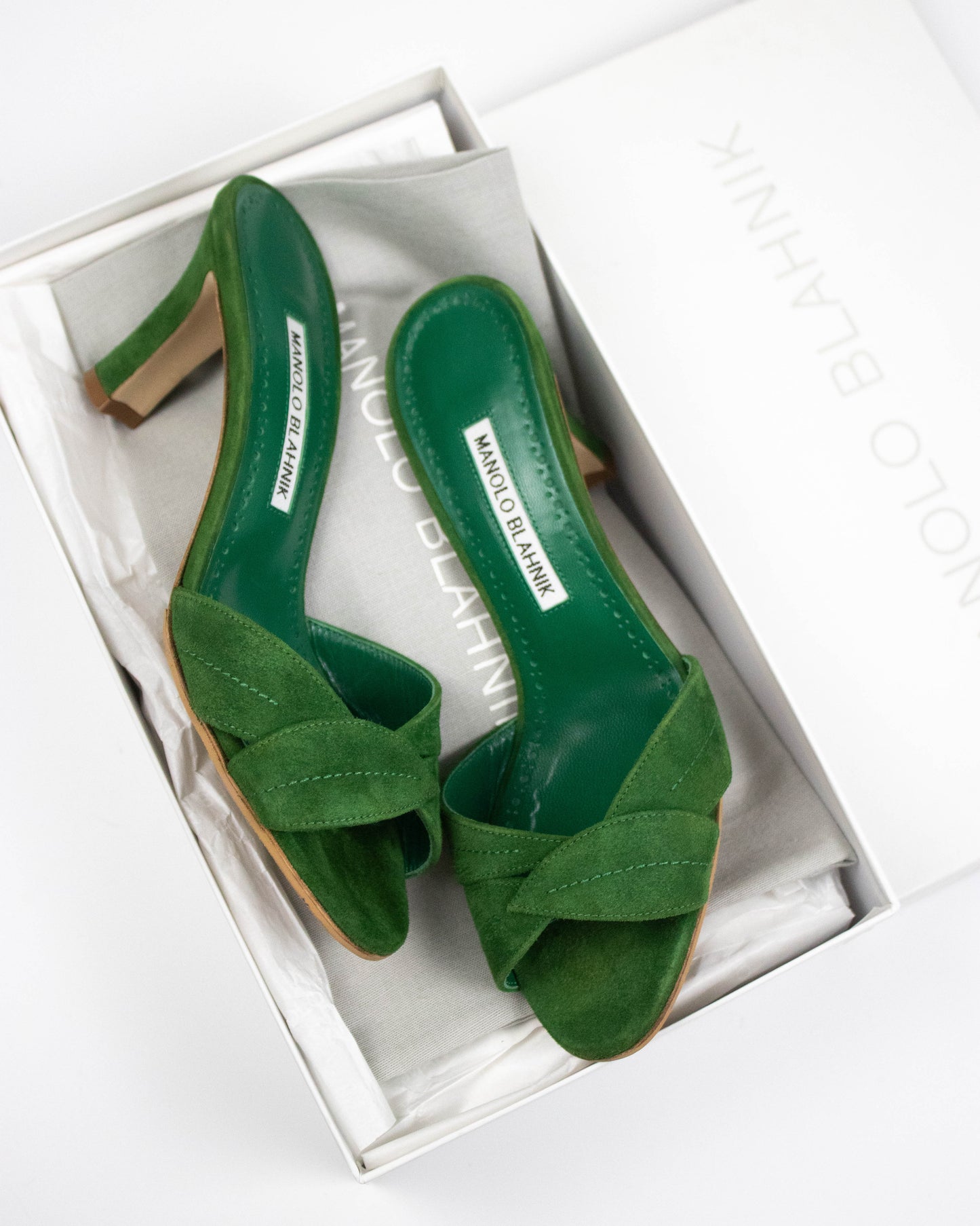 Green high-heeled Manolo Blahnik Siemu heels side view