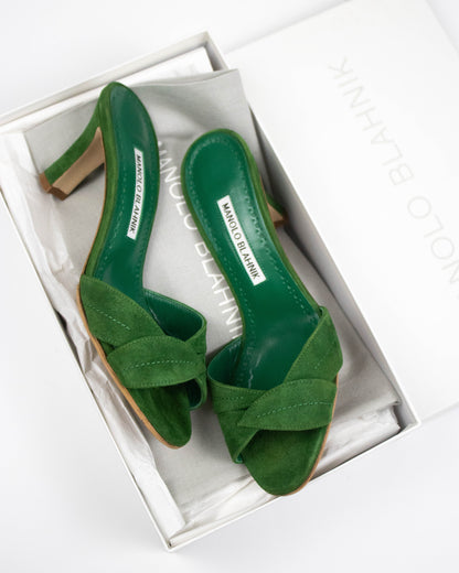 Green high-heeled Manolo Blahnik Siemu heels side view