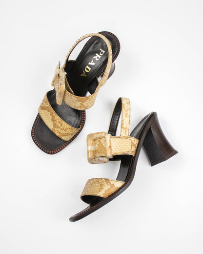 Prada S/S 1996 Python Leather Block Heel Sandals / 36.5 (US 6.5)