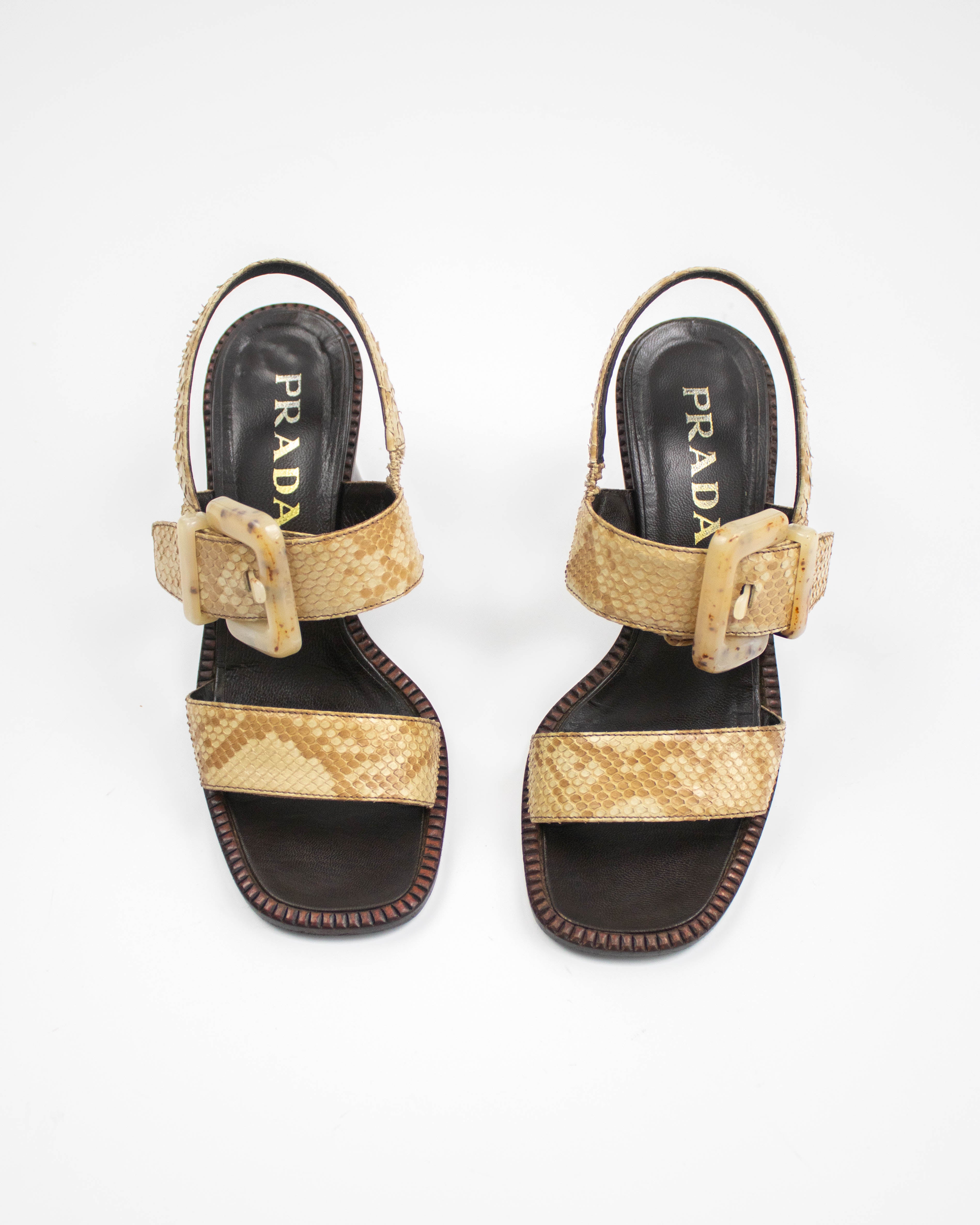 Prada S/S 1996 Python Leather Block Heel Sandals / 36.5 (US 6.5