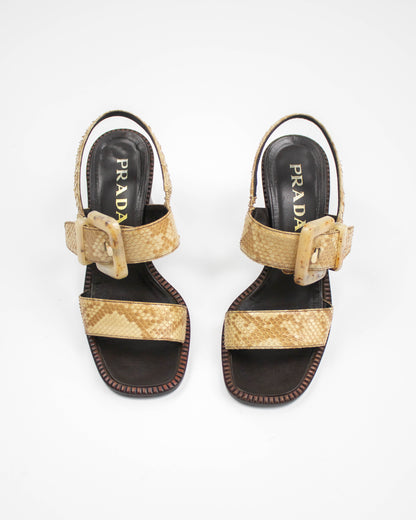 Prada S/S 1996 Python Leather Block Heel Sandals / 36.5 (US 6.5)