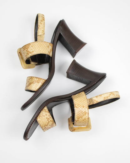 Prada S/S 1996 Python Leather Block Heel Sandals / 36.5 (US 6.5)
