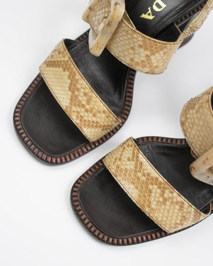 Prada S/S 1996 Python Leather Block Heel Sandals / 36.5 (US 6.5)