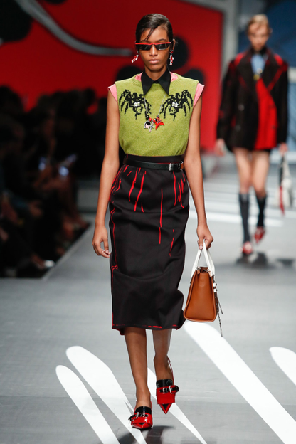 Prada S/S 2018 Black Red Print Leather Logo Runway Midi Skirt / IT 38 (XS)