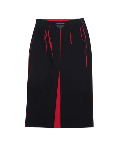 Prada S/S 2018 Black Red Print Leather Logo Runway Midi Skirt / IT 38 (XS)