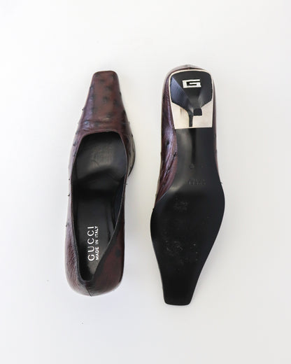 Rare S/S 1998 Gucci by Tom Ford Brown Ostrich Leather Crystal G Pumps / 39 (US 9)