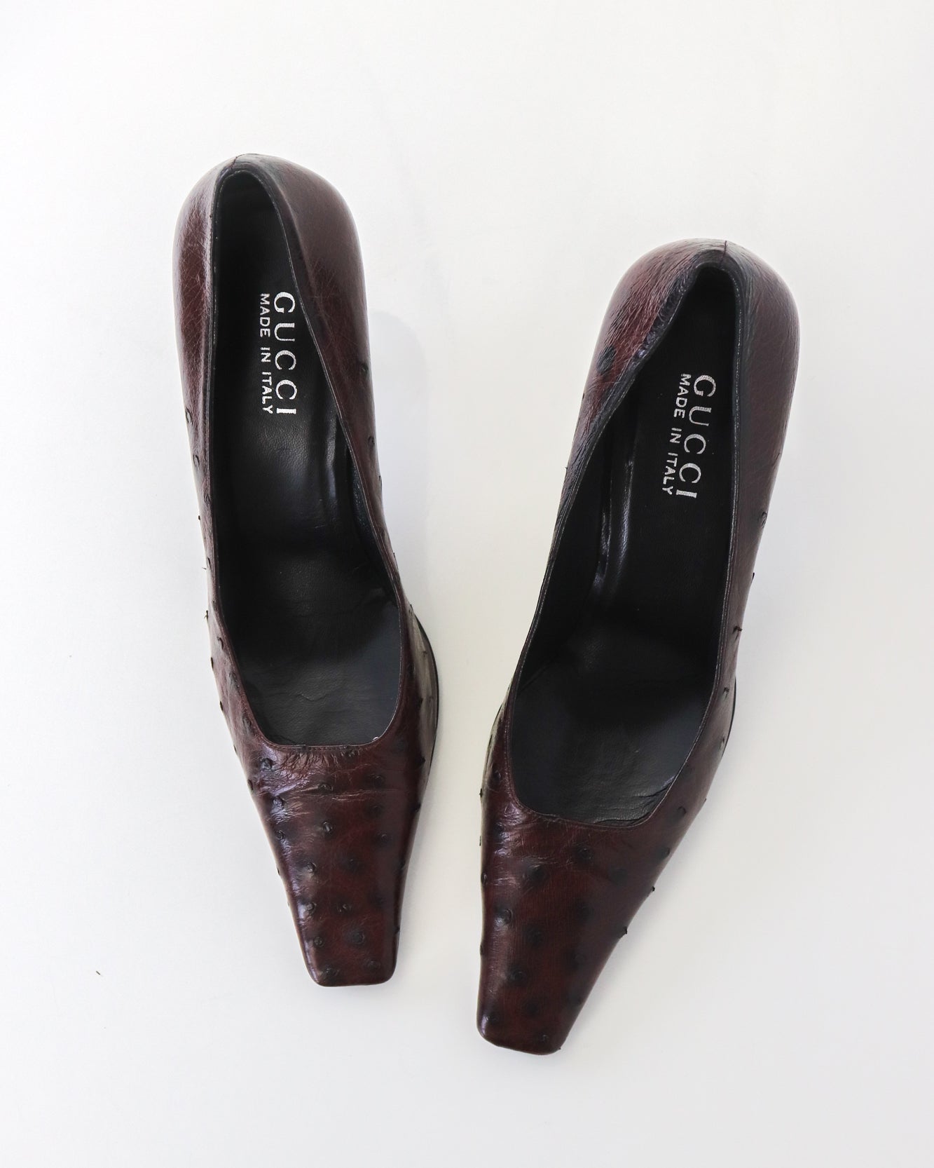 Rare S/S 1998 Gucci by Tom Ford Brown Ostrich Leather Crystal G Pumps / 39 (US 9)