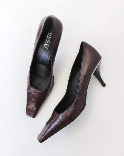 Rare S/S 1998 Gucci by Tom Ford Brown Ostrich Leather Crystal G Pumps / 39 (US 9)
