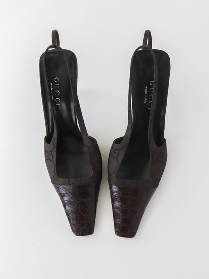 S/S 1998 Gucci by Tom Ford Brown GG Monogram Croc Square G Slingback Heels / 40 (US 10)
