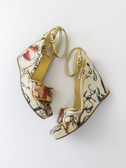 S/S 2008 Prada Fairy Collection James Jean Printed Wedge Heels / 36 (US 6)