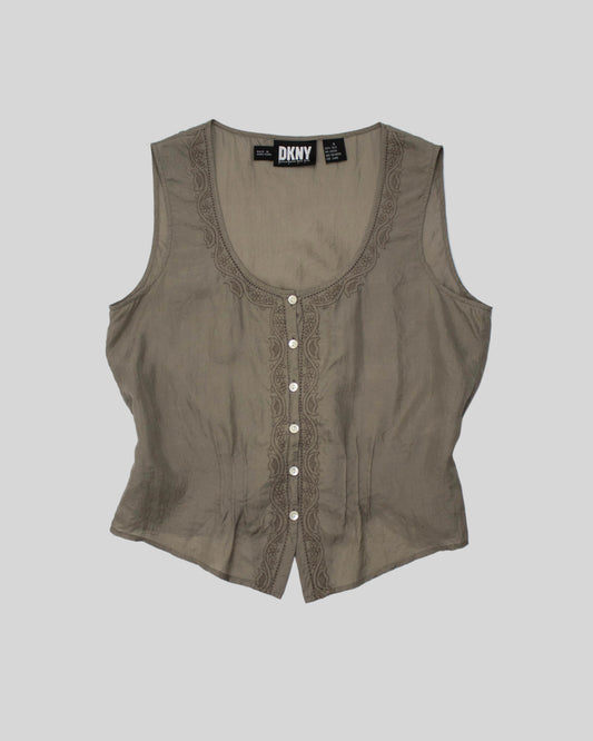 Vintage 1990s Donna Karan DKNY Silk Embroidered Top / S