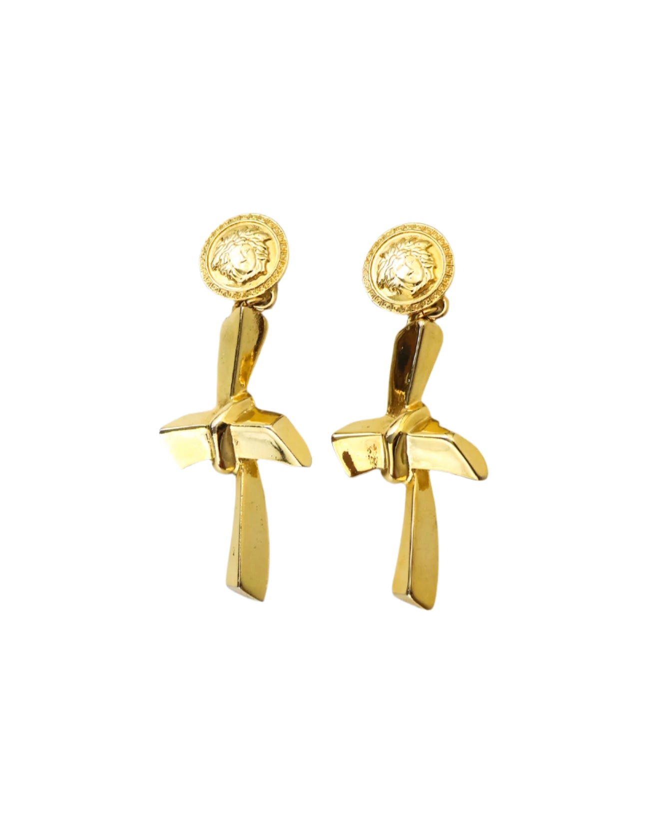 Vintage 1990s Gianni Versace Gold Medusa Head Knot Cross Earrings