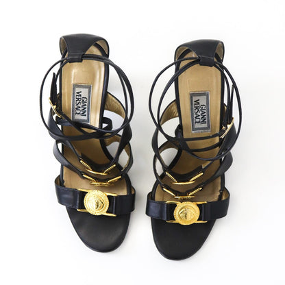 Vintage 1990s Gianni Versace Gold Medusa Head Medallion Black Leather Heels / 37 (US 7)