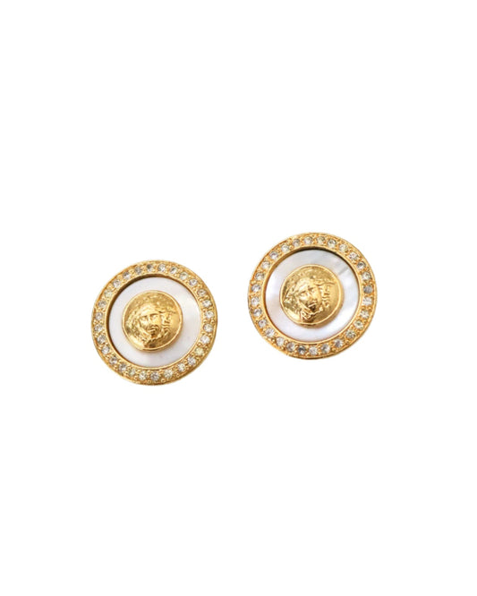 Vintage 1990s Gianni Versace Gold Medusa Head Rhinestone Clip-On Earrings