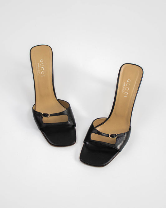 A pair of Gucci Black Double Strap Cut-out Heels top view
