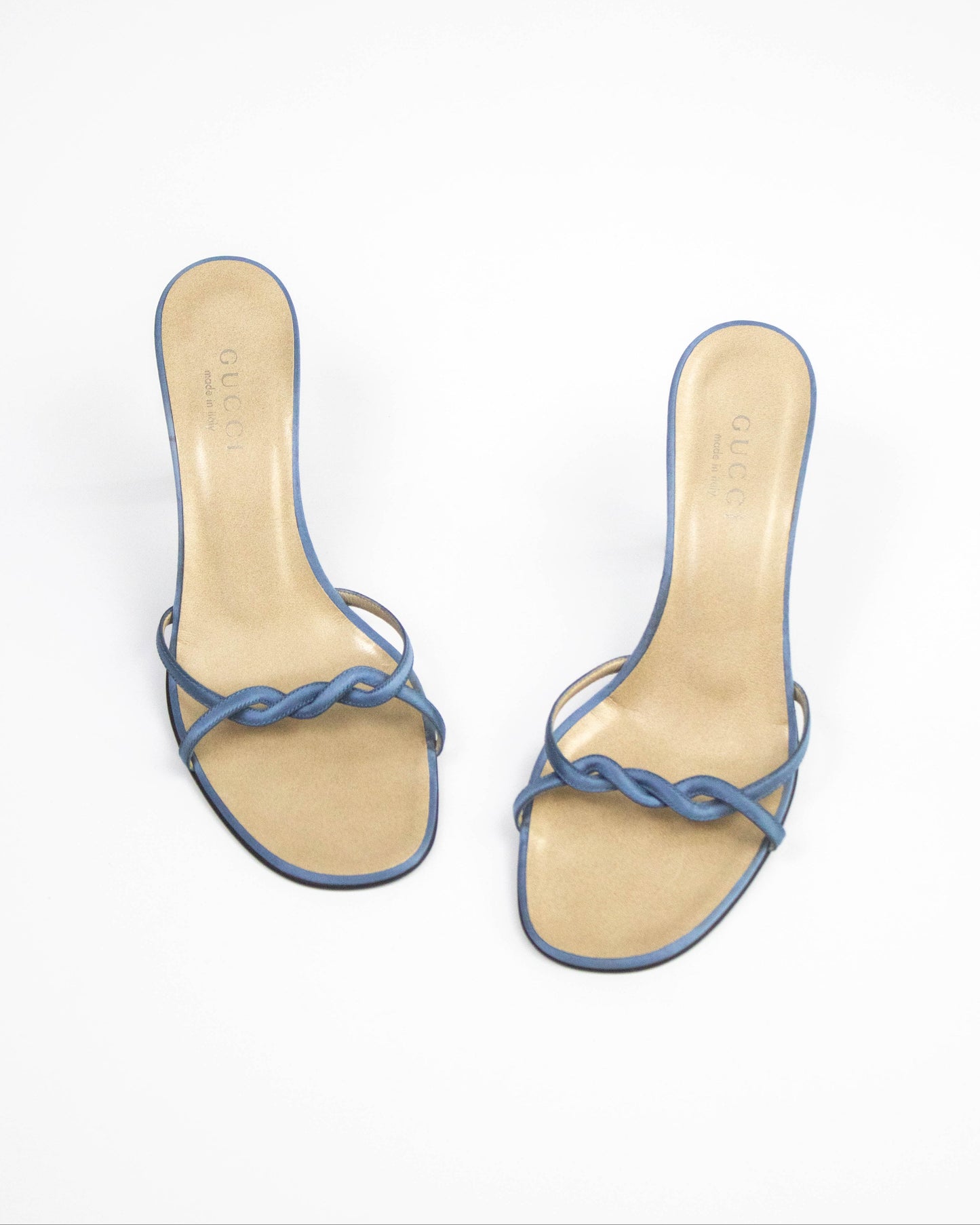 Vintage 1990s Gucci by Tom Ford Blue Satin Twisted Mule Heels / 38 (US 8)
