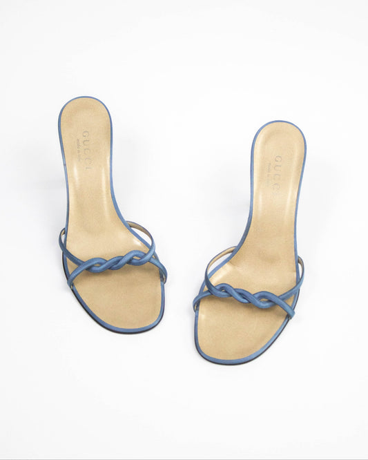 Vintage 1990s Gucci by Tom Ford Blue Satin Twisted Mule Heels / 38 (US 8)