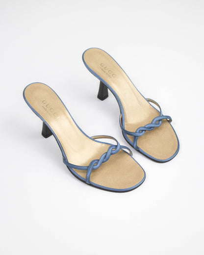 Vintage 1990s Gucci by Tom Ford Blue Satin Twisted Mule Heels / 38 (US 8)