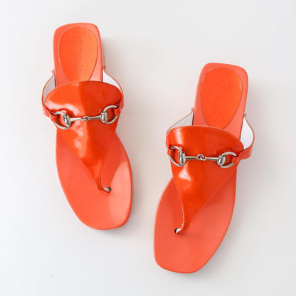 Vintage 1990s Gucci by Tom Ford Coral Orange Thong Mules Horsebit Clogs / 37 (US 7)