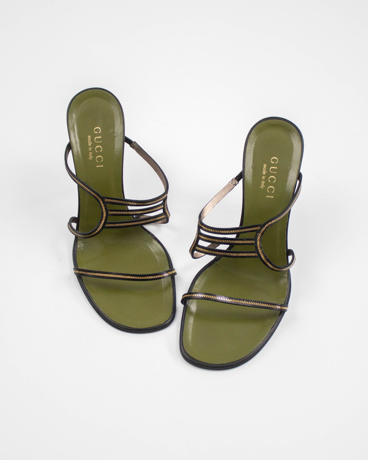 Gucci Twisted Heels with metal chain detail front view
