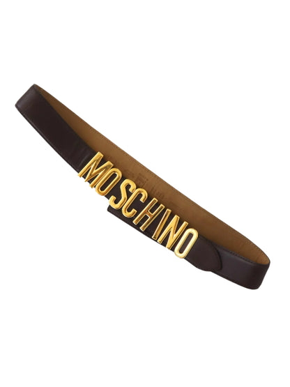 Vintage 1990s Moschino Redwall Brown Leather Belt Gold Letters Sign / IT 44 (M)