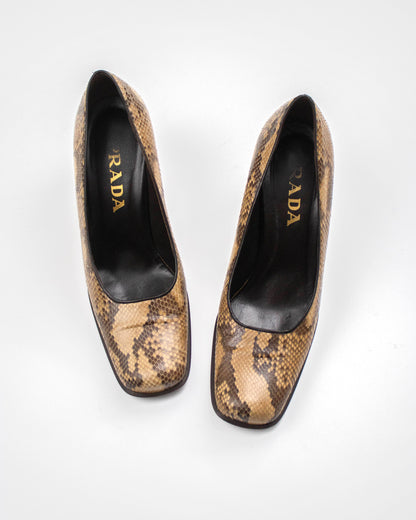 Vintage 1990s Prada Brown Snakeskin Python Pumps / 37.5 (US 7.5)