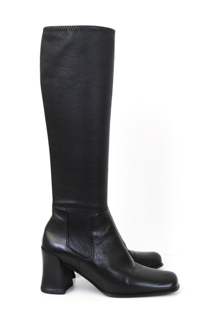 Vintage 1990s Prada Leather Black Square Toe Block Heel Boots / 35-35.5 (US 5-5.5)