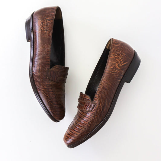 Vintage 1990s Prada Milano Reptile Lizard Leather Classic Loafer Shoes / 37.5 (US 7.5)