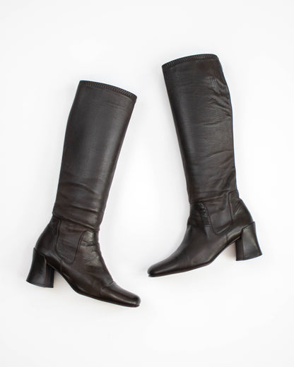 Vintage 1990s Prada Brown Leather Sock Boots As seen on CBK / 35.5 (US 5.5)