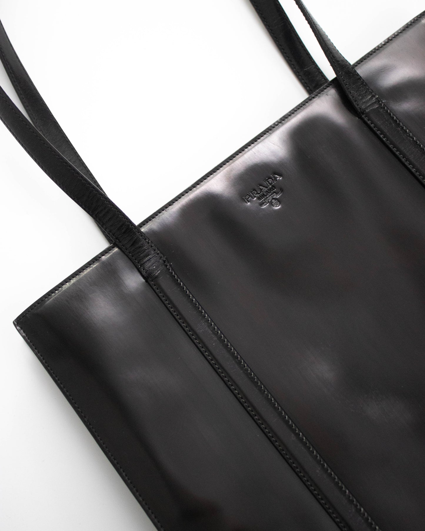 Vintage 1990s Prada Spazzolato Black Patent Leather Shoulder Bag