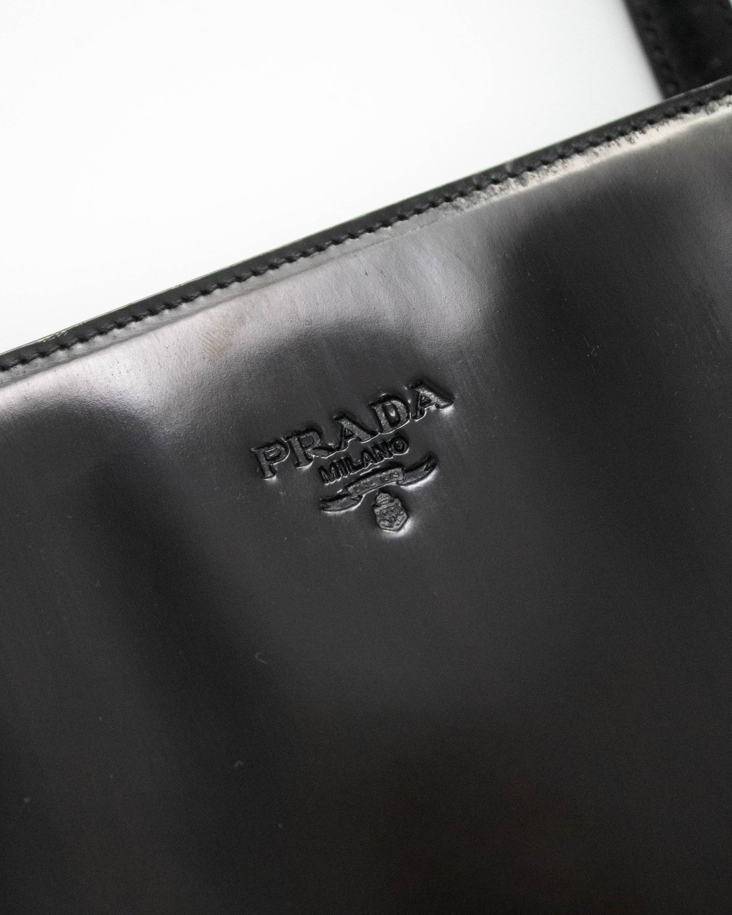 Vintage 1990s Prada Spazzolato Black Patent Leather Shoulder Bag