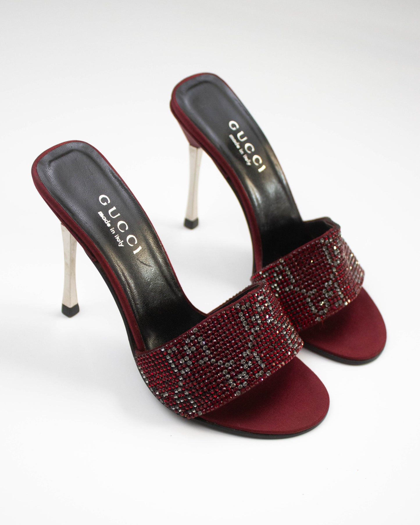 Vintage 1997/1998 Gucci Red Monogram Swarovski Crystal Stiletto Heel Mules / 37 (US 7)