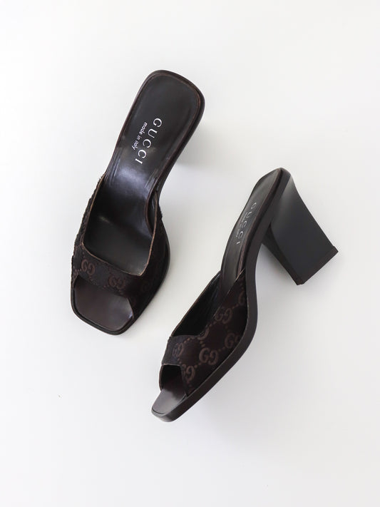 Vintage 1997 Gucci by Tom Ford Brown Fur GG Monogram Mules / 36 (US 6)