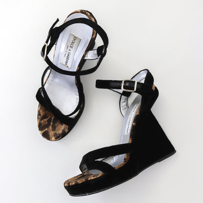 Vintage 1998 Dolce&Gabbana Velvet Wedge Platform Leopard Trim Sandals / 38 (US 8)