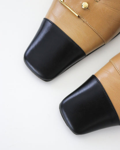 Vintage 2000s Chanel Tan Black CC Logo Kitten Heel Mules / 36 (US 6)