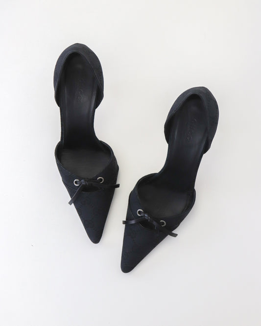 Vintage 2000s Gucci Black GG Monogram Canvas d'Orsay Pumps Bow Detail / 35.5 (US 5.5)